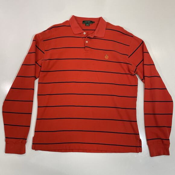 1990’s VTG Polo Ralph Lauren Rugby Style Striped 1/4 Button Polo Shirt Orange - Picture 1 of 7